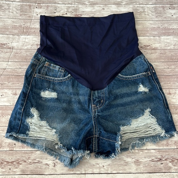 Pinkblush Dark Wash Distressed Raw Hem Maternity Full Panel Shorts - Picture 3 of 9